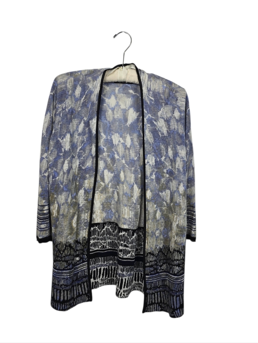 Nic + Zoe Lightweight Linen Blend Ikat Print Open Front Cardigan Medium